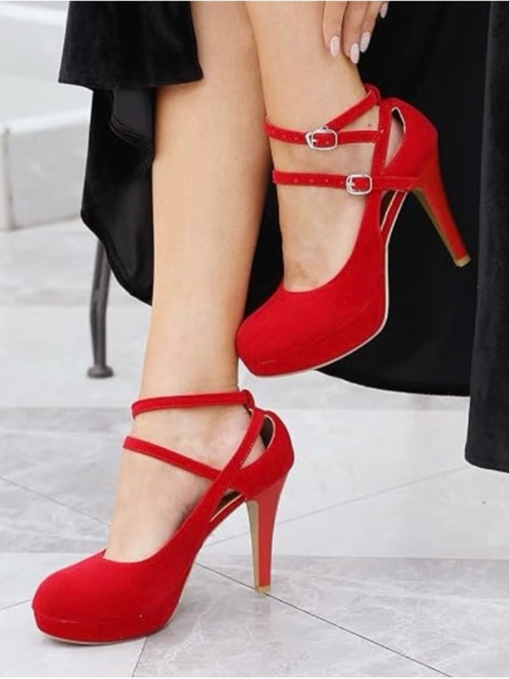 Red High Heel Platform Pumps with Ankle Straps, Size 8
